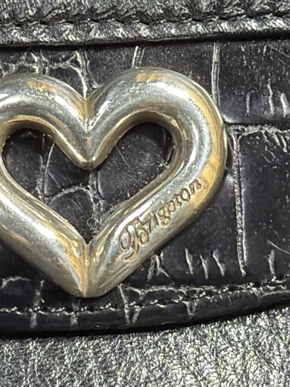 Brighton Black Pebbled Leather Croc Silver Heart Zip Coin Purse Wallet Womens - Picture 2 of 5